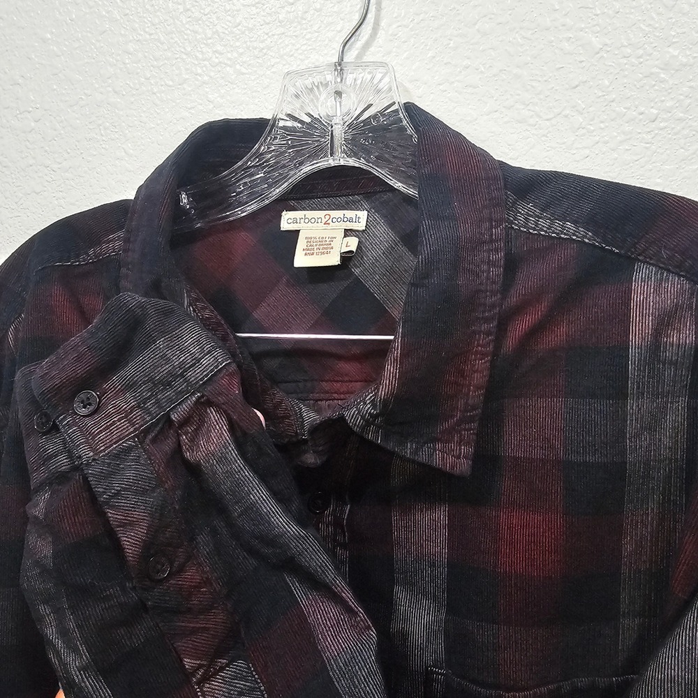 Carbon 2 Cobalt Mens Corduroy Plaid Button Down Shirt Burgundy Charcoal Large